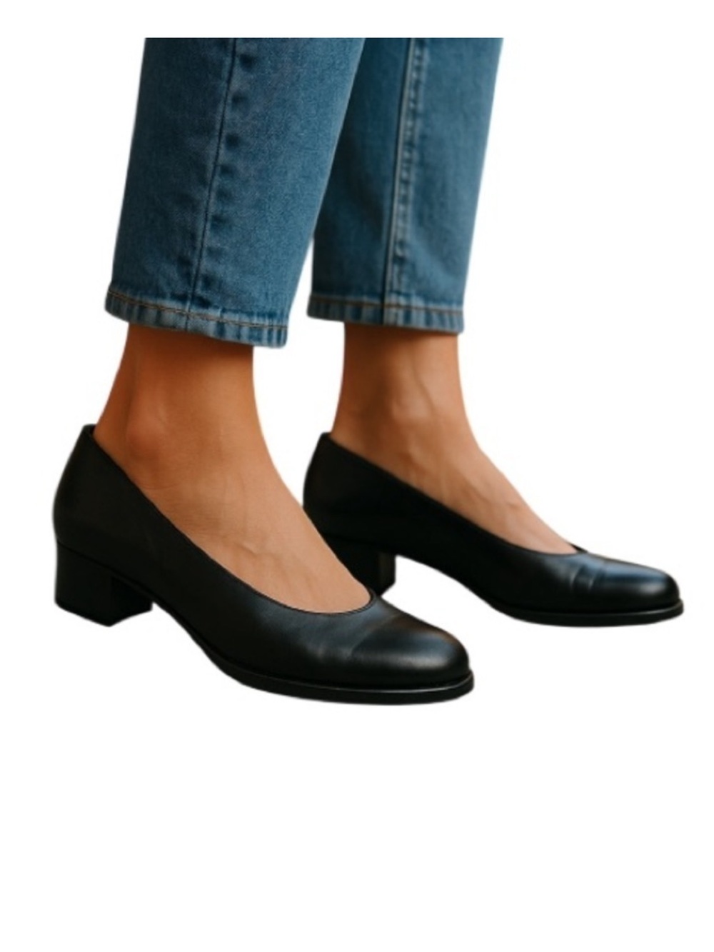 ROCKPORT Chunky Heel Pump Black Leather Round Toe Cushion Insole Minimalist 7.5